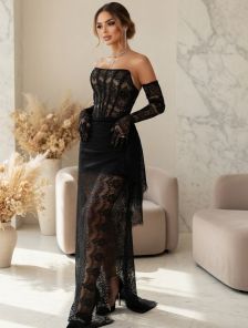 Корсетное кружевное черное платье со шнуровкой