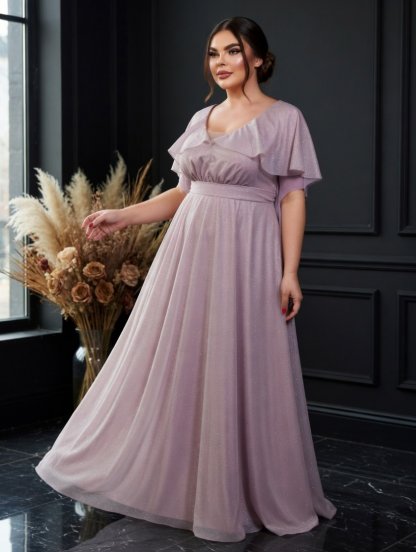 Вечернее длинное шифоновое платье пудрового цвета, с коротким рукавом и поясом,, фото 1