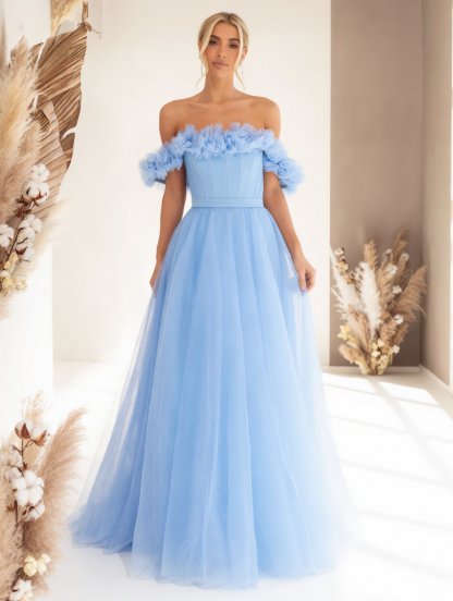 Голубое корсетное платье с цветами на выпускной или для невесты, фото 1