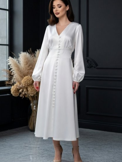 Белое платье миди с рукавом и на пуговицах, фото 1