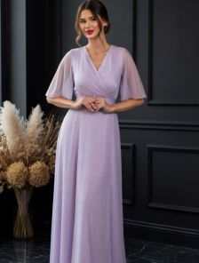 Вечернее блестящее лавандовое платье в пол c рукавом