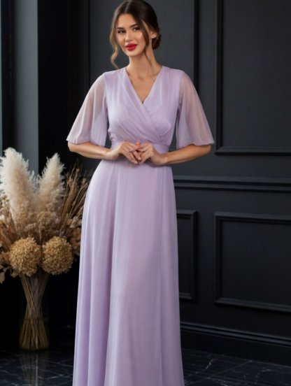 Вечернее блестящее лавандовое платье в пол c рукавом, фото 1