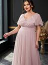 Вечернее длинное шифоновое платье пудрового цвета, с коротким рукавом и поясом,, фото 3