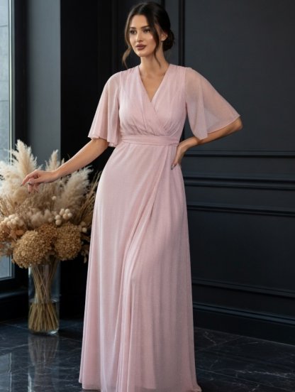 Нарядное блестящее пастельное платье большого размера и с рукавами, фото 1