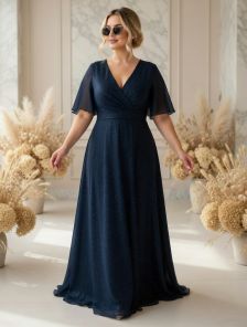 Вечернее длинное шифоновое платье синего цвета, с коротким рукавом и поясом