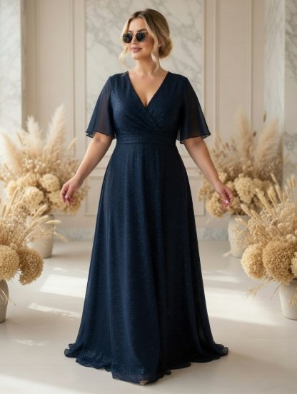 Вечернее длинное шифоновое платье синего цвета, с коротким рукавом и поясом, фото 1