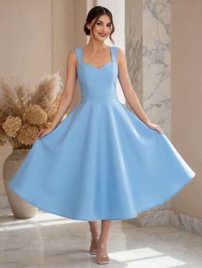 Голубое нарядное платье миди с широкими бретелями, фото 1