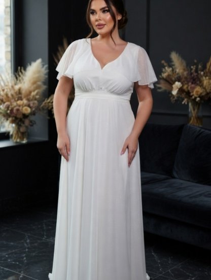 Белое длинное шифоновое платье большого размера с коротким рукавом и поясом, фото 1