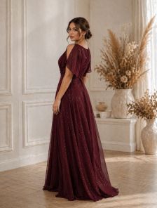 Вечернее нарядное шифоновое бордовое платье в пол большого размера