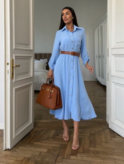 Голубое льняное платье на пуговицах с поясом, фото 1