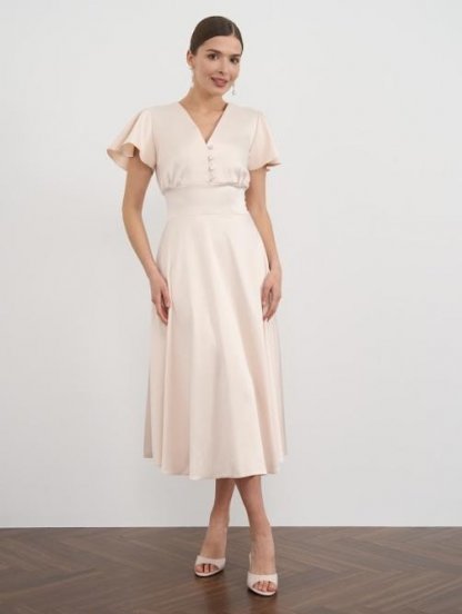 Коктейльное платье миди с рукавом на короткий рукав персикового цвета, фото 1