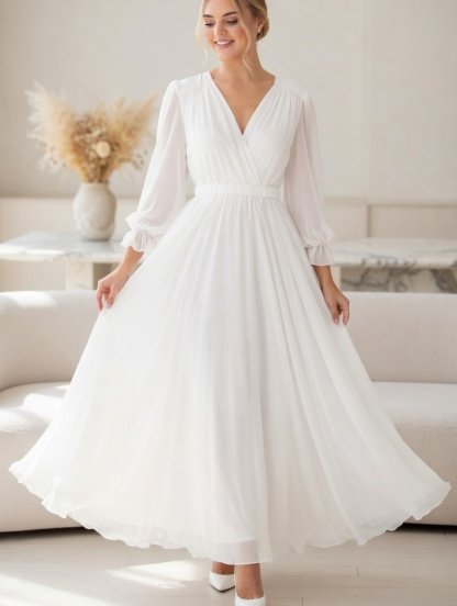 Шифоновое белое длинное платье с рукавом, фото 1