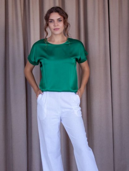 Летняя шелковая футболка однотоного темно зеленого цвета, фото 1