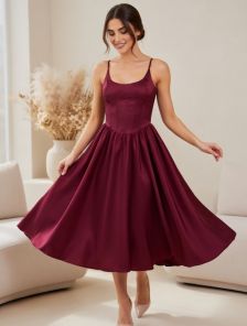 Бордовое нарядное платье миди с корсетом