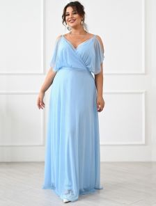 Вечернее нарядное шифоновое голубое платье в пол большого размера