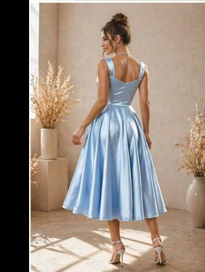 Голубое атласное нарядное платье миди с широкими бретелями, фото 1