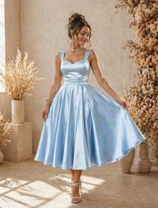 Голубое атласное нарядное платье миди с широкими бретелями