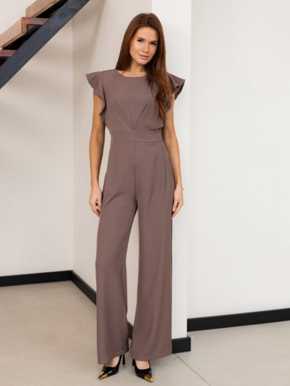 Вечерний женский комбинезон с поясом цвета капучино, фото 1