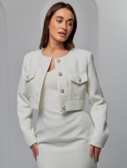 Стильный молочный твидовый пиджак, фото 1