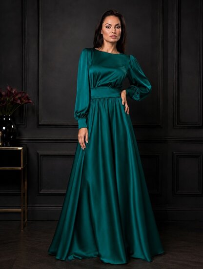 Зеленое длинное вечернее шелковое платье А-силуэта с пышными рукавами и поясом, фото 1