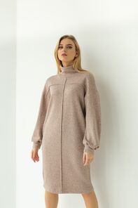 Бежевое шерстяное платье миди,с горловиной, продольный кант