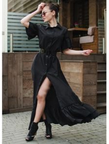 Стильное черное платье-рубашка в пол