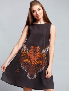Черное платье-трапеция с принтом "лисица"