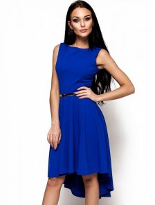 Элегантное синее платье с юбкой-клеш с удлинением по спинке