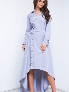 Оригинальное серо-голубое платье с удлиненной спинкой