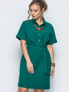 Стильное зеленое платье с отложным воротником и короткими рукавами с подворотом