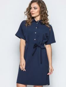 Стильное темно-синее платье с отложным воротником и короткими рукавами с подворотом