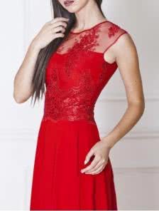 Изумительное красное нарядное платье с широкой юбкой из креп-шифона на атласной подкладке