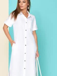 Льняное белое платье-рубашка