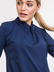 Синяя блуза с воротничком с бусинками под жемчуг