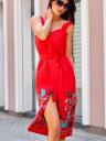 Красное платье сарафан из льна длины миди с вышивкой и карманами, фото 3