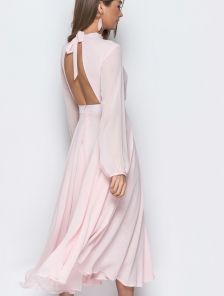 Летнее розовое шифоновое платье длины макси на длинный рукав