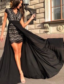 Вечернее черное кружевное платье-трансформер с шелковой юбкой