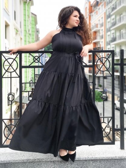 Черное летнее платье А-силуэта в пол с карманами, фото 1
