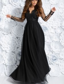 Длинное черное нарядное платье из фатина с ажурном верхом