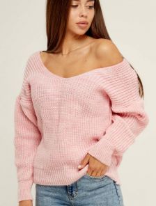 Розовый теплый вязаный зимний свитер со спущенным верхом