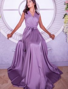 Вечернее лиловое шелковое платье в пол с разрезом