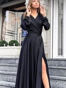 Нарядное длинное черное платье на длинный рукав