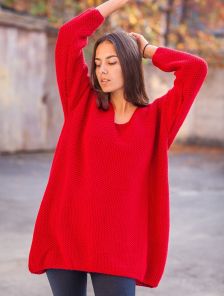 Красная теплая вязаная туника свитер с рукавом 40% шерсть; 10% мохер