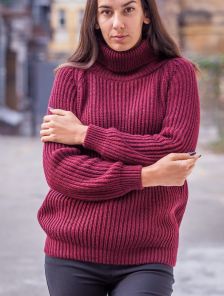 Теплый шерстяной вязаный свитер бордового цвета 40% шерсть,10% мохер
