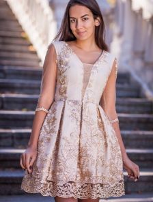 Коктейльное блестящее платье с кружевной вышивкой по сетке