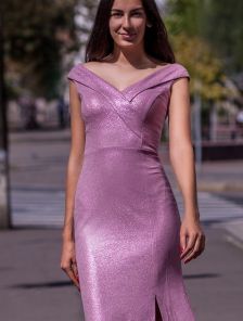 Розово лиловое блестящее платье с разрезом